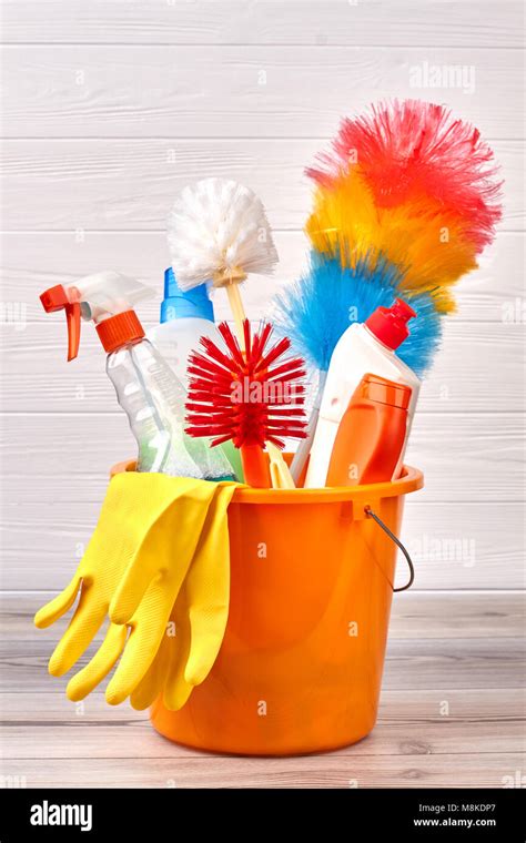 Set Of Cleaning Supplies In Colorful Bucket Stock Photo Alamy