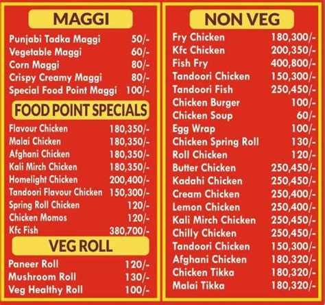 Menu at Food Point, Patiala, Near Atma Ram Kumar Sabha Ground