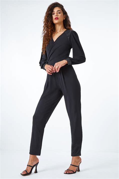 Embellished Detail Wrap Jumpsuit In Black Roman Originals Uk