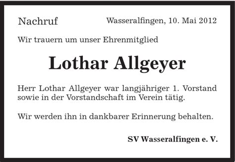 Traueranzeigen Von Lothar Allgeyer Ostalbtrauer