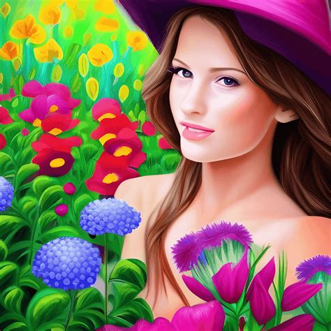Painting Of A Beautiful Girl Picking Flowers In A Garden · Creative Fabrica