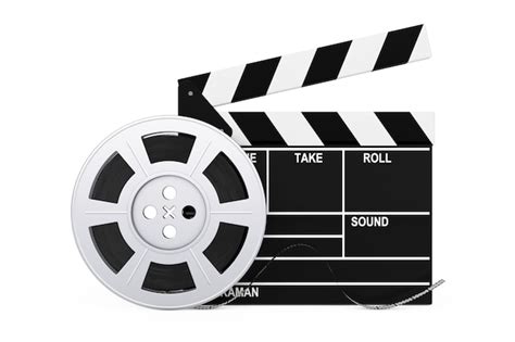 Premium Photo Film Reel With Cinema Tape Near Clapboard On A White