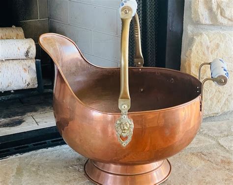 Vintage Large Copper Scuttle Bucket With Delft Blue Handles Brass