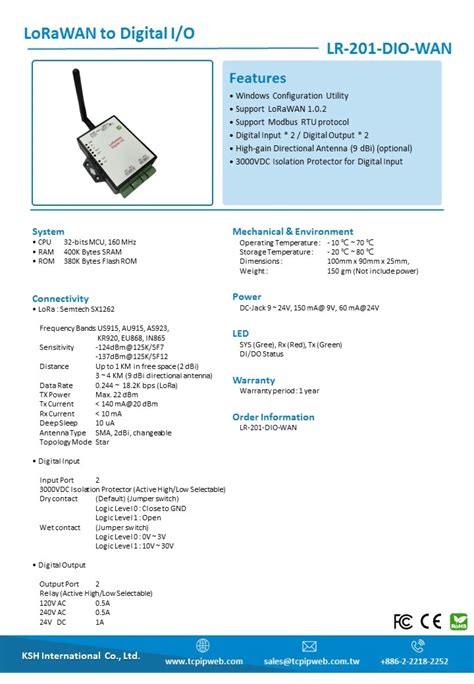 Digital I O To LoRaWAN KSH International Co Ltd