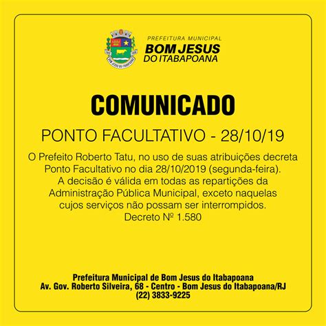 COMUNICADO DE PONTO FACULTATIVO NESTA SEGUNDA FEIRA 28 DE OUTUBRO DE