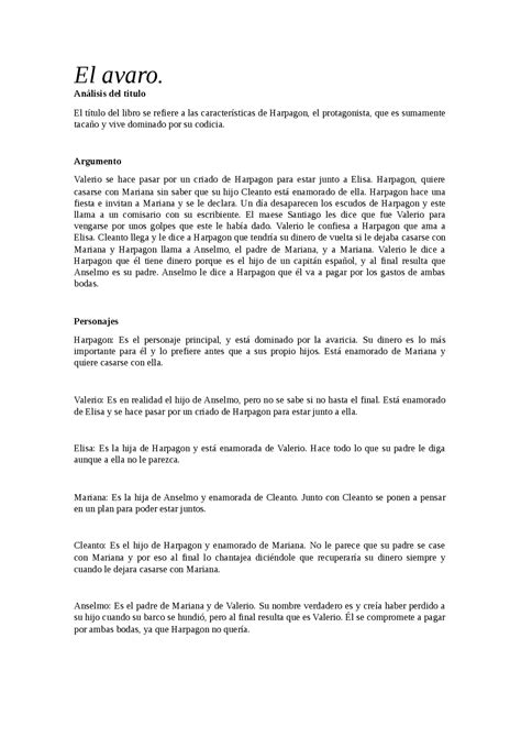 Resumen El Avaro Moliere Ejercicios De Idioma Francés Docsity