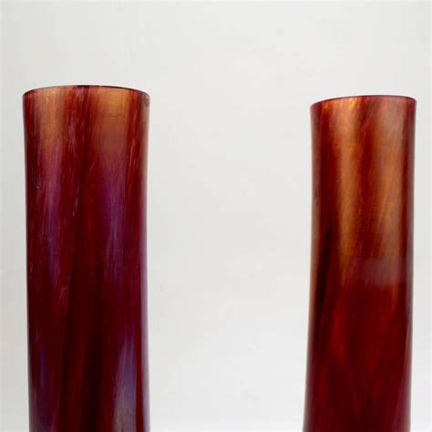 Pair Of Art Nouveau Czech Loetz Type Red Art Glass Vases By Rindskopf