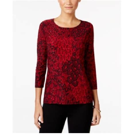 Jm Collection Womens New Red Printed Embelished Jacquard Tunic Top Size