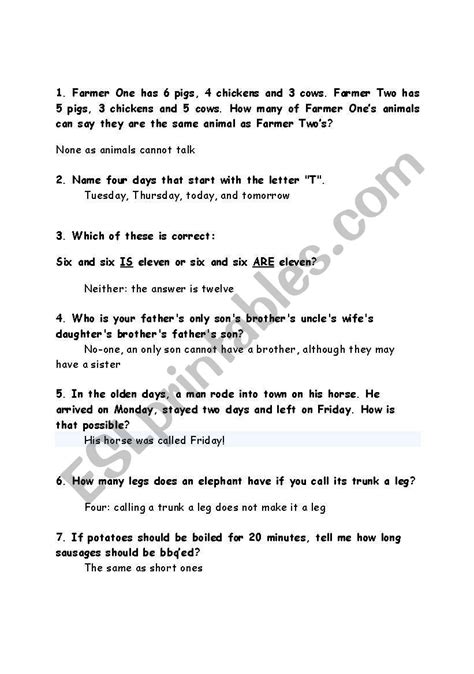 Brain Teasers/Funny IQ Test - ESL worksheet by tw_karen