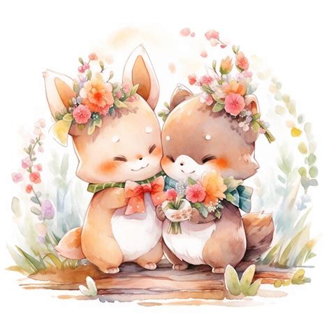 Premium AI Image There Are Two Foxes Sitting On A Bench With Flowers