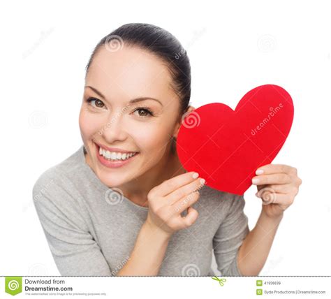 Smiling Asian Woman With Red Heart Stock Image Image Of Face Hands