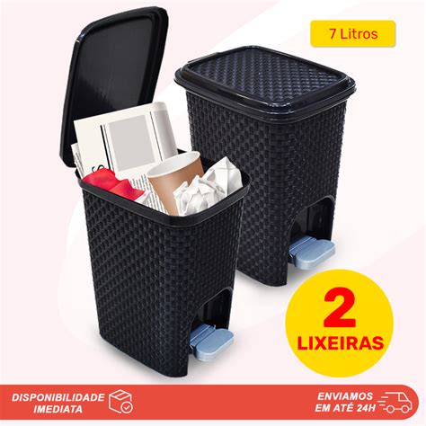 Kit Lixeiras Pedal Litros Rattan Preta Resistente Ideal Para