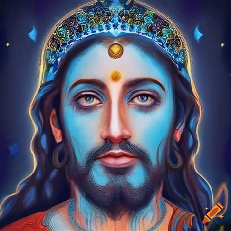 Yeshua Jesus Christ With Blue Skin In A Hindu Art Style Ornate