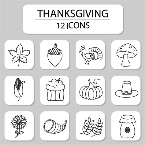 Thanksgiving Icon Set In Black Linear Style Vector Art At