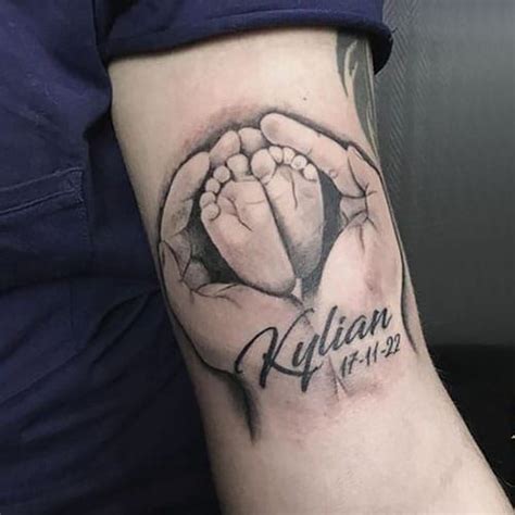 Baby Feet Tattoo With His Name Date Of Birth And Birth Time Baby Tattoo