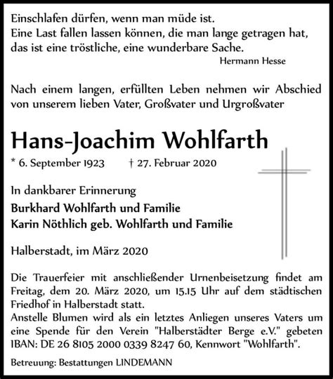 Traueranzeigen Von Hans Joachim Wohlfahrt Abschied Nehmen De