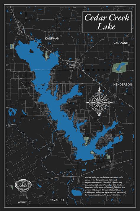 Cedar Creek Lake Texas Brilliant Reverse Canvas Map Gallup Map