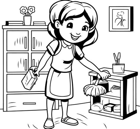 Cartoon Housewife With Broom Cleaning The House Vector Image