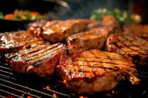 Premium AI Image Closeup Shot Of Juicy Pork Chops On A Hot Bbq Grill