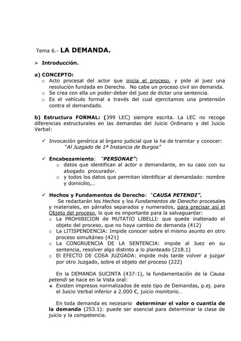 Demanda apuntes procesal civil Tema 6 LA DEMANDA Introducción a