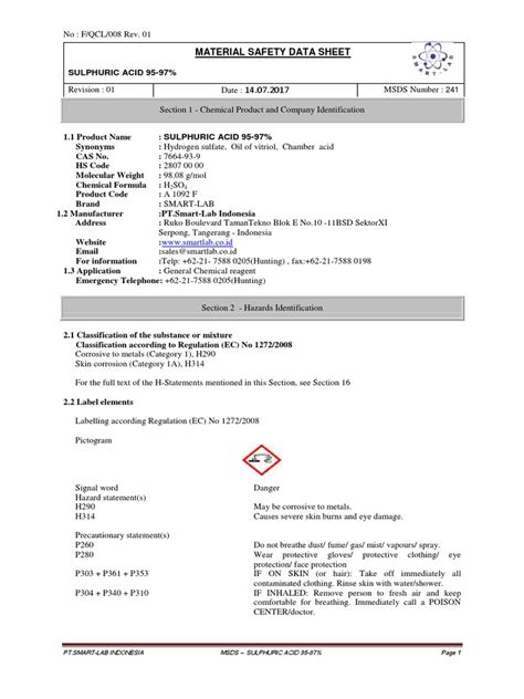 MSDS Sulphuric Acid 95-97 | PDF | Sulfuric Acid | Toxicity