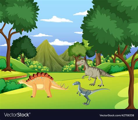 Scene With Dinosaurs In Forest Royalty Free Vector Image