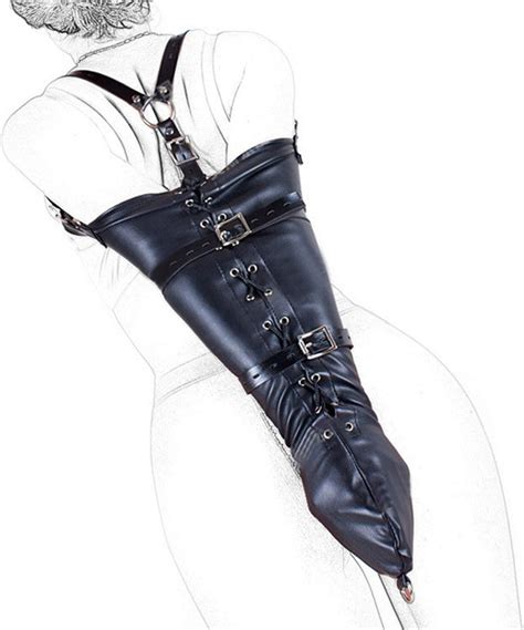 Pu Leather Over Shoulder Arm Binder Bondage Restraints Slave Lockable Glove Sleeves Handcuff