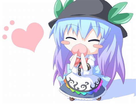 Safebooru Blue Hair Blush Stickers Chibi Closed Eyes Food Fruit Hat Heart Hinanawi Tenshi