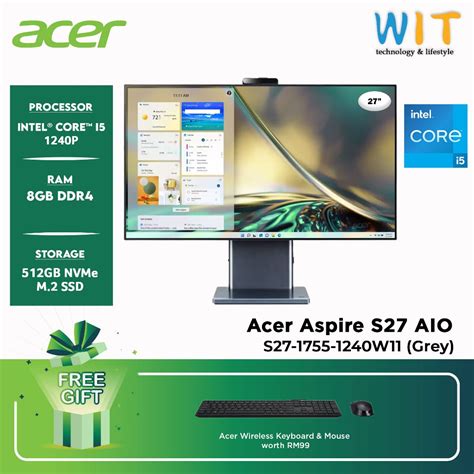 Acer Aspire S27 1755 1240W11 AIO Desktop Intel Core I5 1240P 8GB 16GB