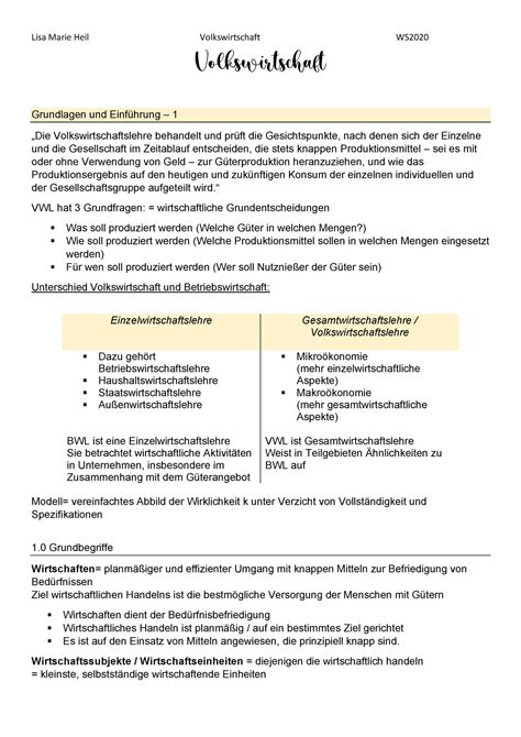 Zusammenfassung Volkswirtschaftslehre Volkswirtschaft