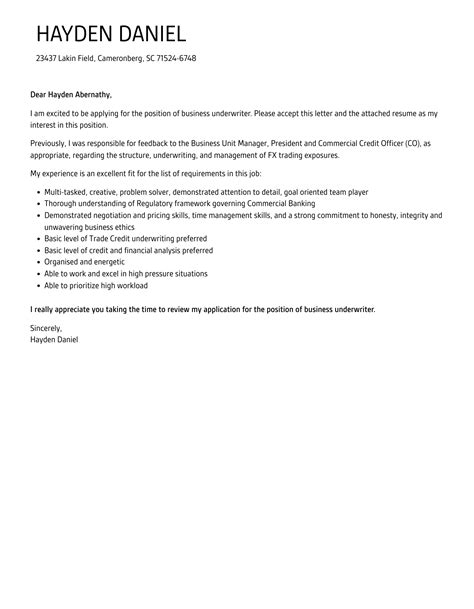 Business Underwriter Cover Letter Velvet Jobs