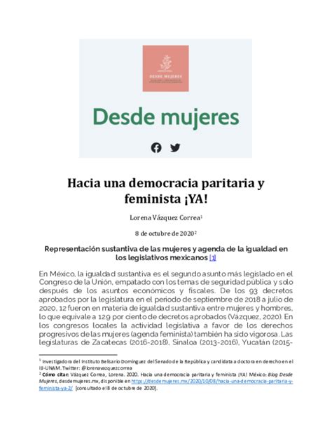 Pdf Hacia Una Democracia Paritaria Y Feminista ¡ya Lorena Vázquez