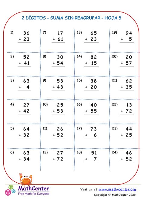 Segundo Grado Hojas De Trabajo Sumas De Dos Cifras Sin Llevadas Math