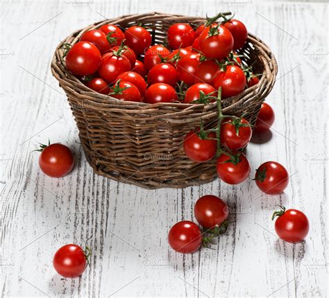 Basket With Cherry Tomatoes Stock Photo Containing Tomato And Cherry