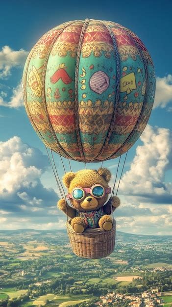 Whimsical Teddy Bear In A Hot Air Balloon Premium AI Generated Image