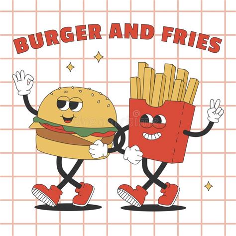 Trendy Poster With Groovy Hippie Burger And French Fries Cartoon