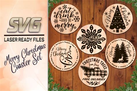 Merry Christmas Coaster Set SVG Laser Glowforge Files 882966 Laser