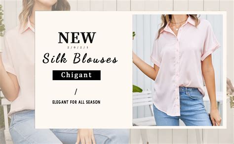 Chigant Silk Button Down Shirts Short Sleeve V Neck Satin Blouse Office