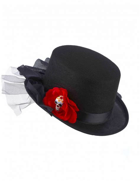 Chapeau haut de forme noir tête de mort fleur rouge Dia de los muertos