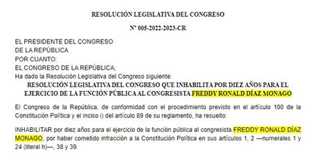 Congreso Oficializ La Inhabilitaci N De Freddy D Az Acusado De Abuso