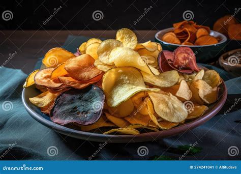 Plate Of Crispy And Salty Potato Chips With Variety Of Flavors Stock