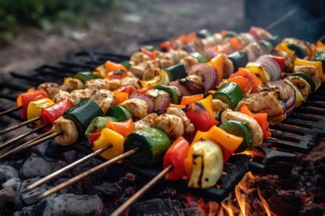 Premium Ai Image Grilled Meat And Vegetables Skewers Generative Ai