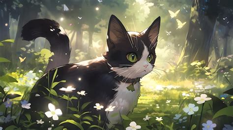 Premium AI Image | Mysterious black cat sitting in the forest anime ...