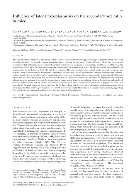 Pdf Influence Of Latent Toxoplasmosis On The Secondary Sex Ratio In Mice