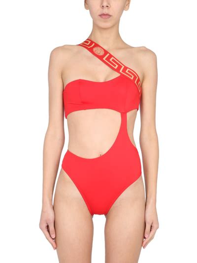 Versace Greca Key Cut Out Swimsuit In Red Modesens