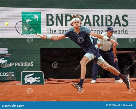 Professional Tennis Player Andrey Rublev Of Russia In Action During His