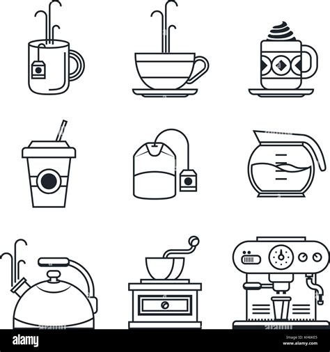 Black Lineart Icon Set Coffee Tea Cup And Devices Vector