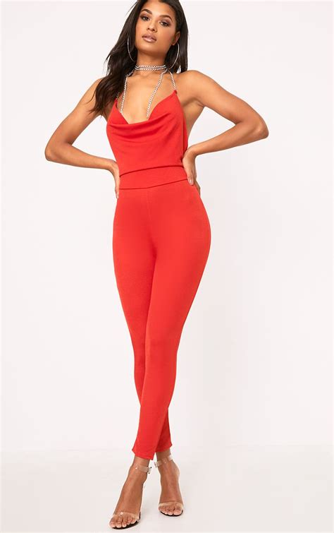 Red Chain Scoop Front Jumpsuit Jumpsuit Online Playsuit Jumpsuit