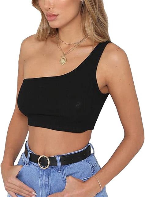 Prettoday Womens Sleeveless Crop Tops Sexy One Shoulder Strappy Tees