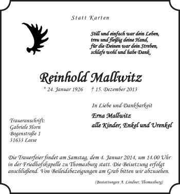 Traueranzeigen Von Reinhold Mallwitz Trauer L Neburg De